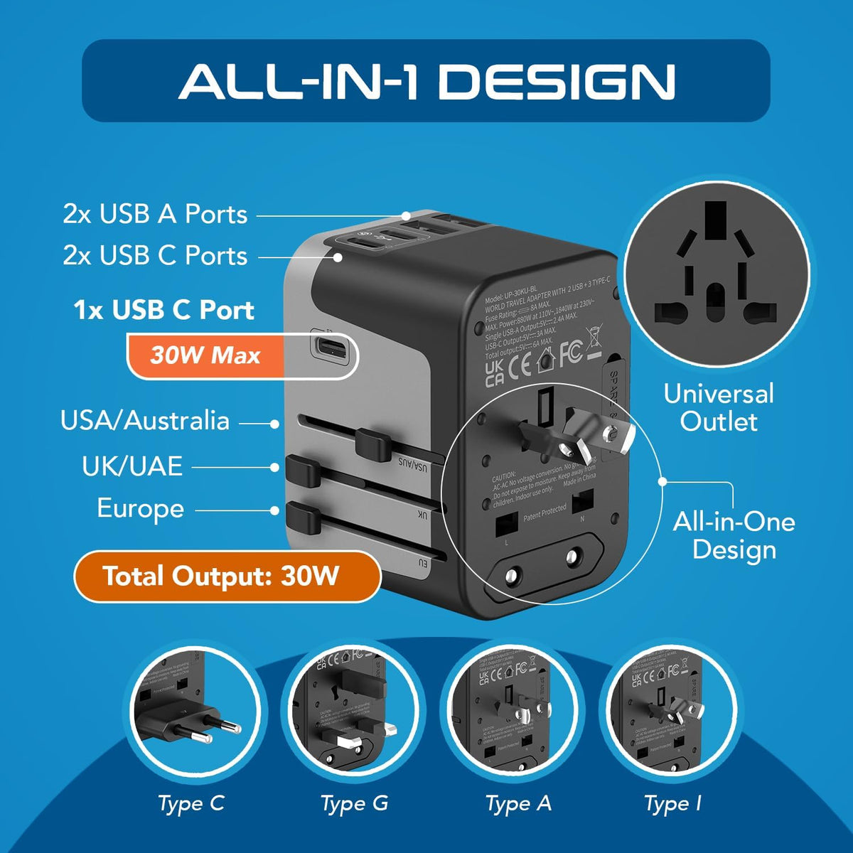 Universal Travel Power Adapter, Ceptics 6 in 1 Worldwide International Wall Charger with 2X USB-A - 3X USB-C 6A, Travel Power Adapter for for USA EU UK AUS Mobiles Laptops Cameras, UP-30KU-BL