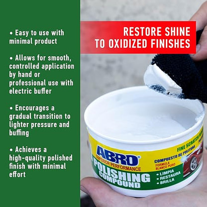 ABRO Superior Performance Car Polishing Compound for Oxidized Finishes, Buff, Shine, Smooth, & Clean, Scratch Remover for Vehicles, Boats, & Bikes - 10 oz.