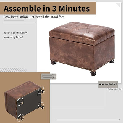 Joveco Leather Storage Ottoman, 24" Rectangle Tufted Square Upholstered Bench, Foot Rest Stool with Wood Legs, Footstool for Living Room Bedroom, Coffee