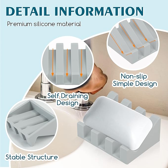 Silicone Soap Dish for Bar Soap Holder for Shower Bathroom Self Draining Waterfall Drying Tray Keep Soap Bars Dry Clean & Easy Cleaning (Light Grey, 2)