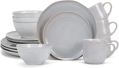 Elanze Designs Reactive Glaze Farmhouse Rustic Boho Ceramic Stoneware Dinnerware 16 Piece Plate Bowl Mug Dish Set - Service for 4, Pale Grey