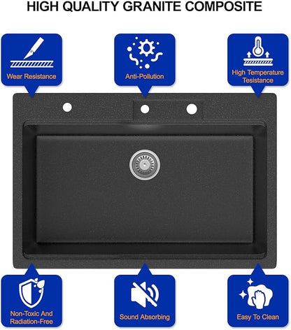 Dcolora Waterfall Smart Kitchen Sink 33x22 Drop In Single Bowl Multifunctional Kitchen Sinks With Faucet And Cup Washer,33 Inch Granite Composite (Black) DC-SFDOE00002