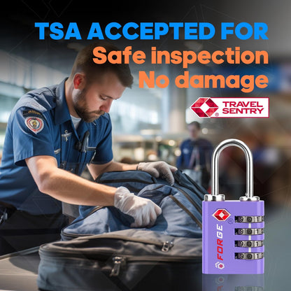 Forge Dual-Opening: Key or Combination Access Lock, TSA Approved Locks for Luggage, Pelican case, Travel, Gym, School, Stainless Steel Shackle. (Purple, 2 Pk)
