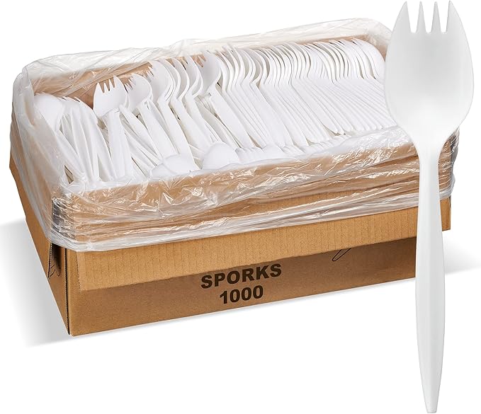 1,000 Plastic Disposable Sporks Bulk White Medium Weight Disposable Silverware Plastic Cutlery Spork