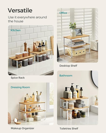 SONGMICS Cabinet Organizer Shelf, Set of 4 Kitchen Counter Shelves, Kitchen Storage, Spice Rack, Stackable, Expandable, Metal and Engineered Wood, Cloud White and Natural Beige UKCS210W01