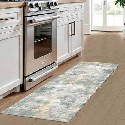 IOHOUZE Abstract Runner Rug 2x6 Ft Washable Runners for Hallways, Non Slip Kitchen Runner Printed Faux Wool Entryway Runner Indoor, Modern Abstract Carpet for Hall Kitchen, Light Green/Gray/Orange