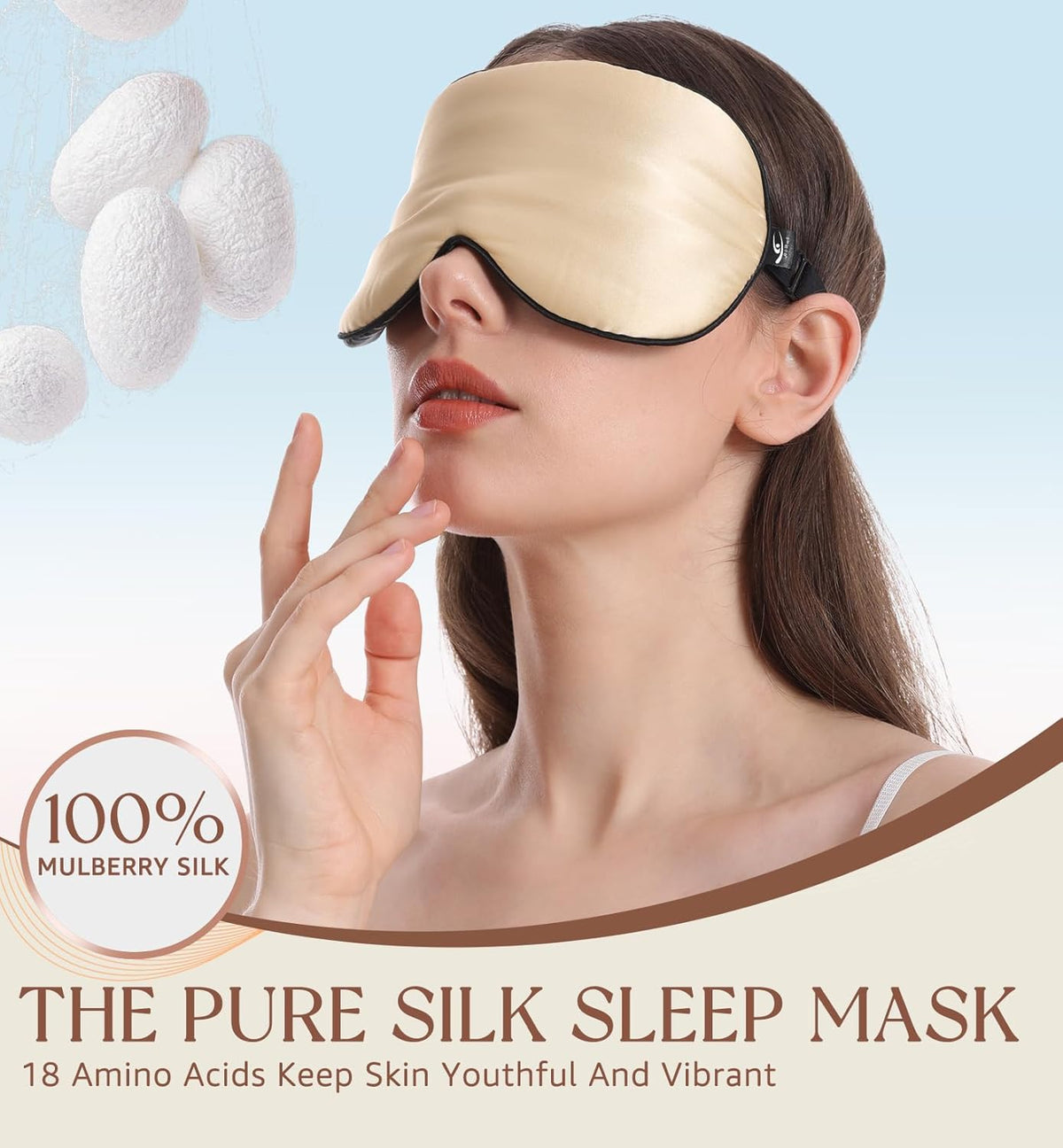 HiRui Silk Sleep Mask, 100% Natural Mulberry Silk of Double-Sided & Inner-Filling, Ultra-Smooth Soft, Adjustable Strap, Blocks Light for Night Sleeping, Travel, Office Naps (Champagne)