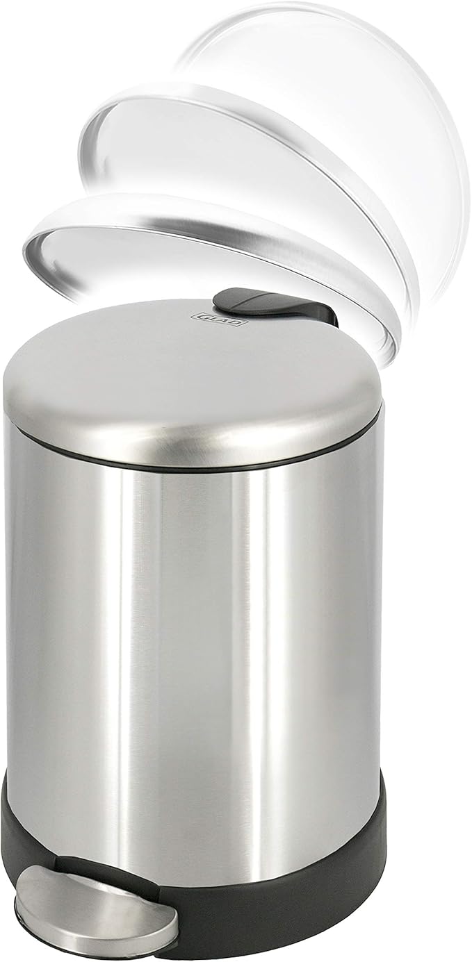 GLAD Small Trash Can, 1.2 Gallon | Round Stainless Steel Garbage Bin with Soft Close Lid & Step Foot Pedal | Metal Waste Basket with Removable Inner Bucket, Stainless