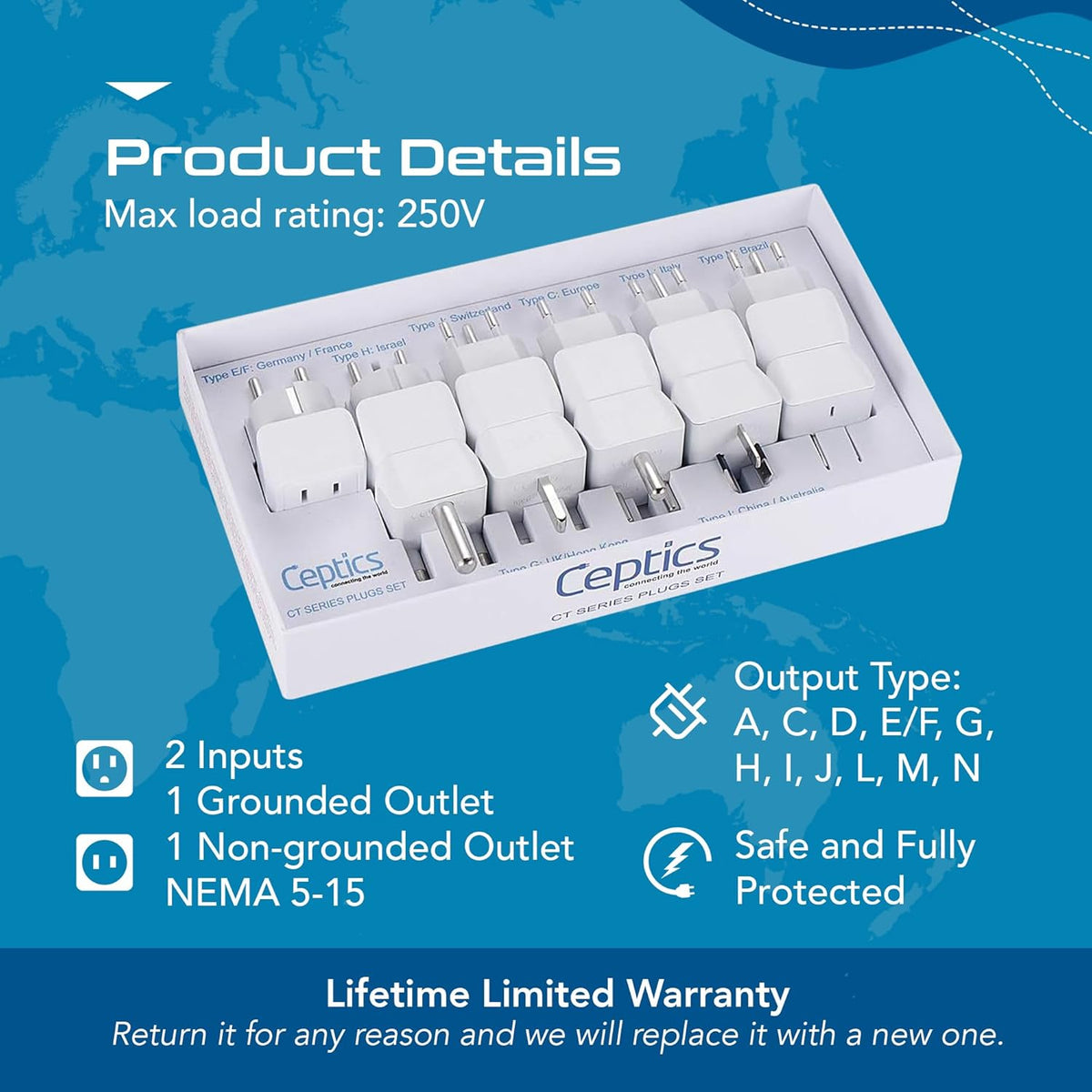 Ceptics World Travel Adapter Set - 2 in 1 USA to Europe, Asia, Africa, India, Japan, Australia, Brazil, China, Israel and more - 11 Pack - Safe Grounded - Works with Cell phones, Laptops, Chargers