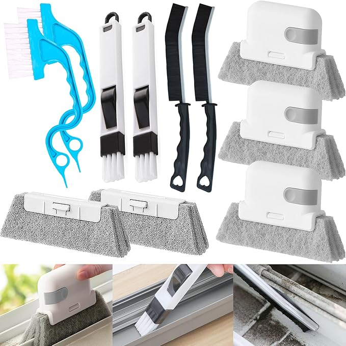 Window Sill Cleaner Tool - 11 Pcs Magic Door Window Track Cleaner Tools Set, Groove Crevice Cleaning Brush for Sliding Door, Shutter, Sill, Tile Lines, Car Vents, Keyboard