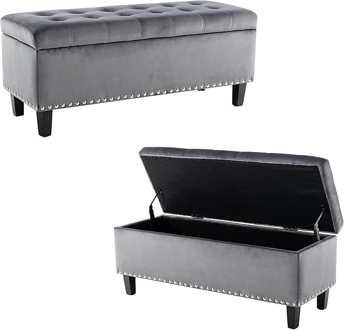 Ottoman with Storage, Storage Ottoman Bench with Button-Tufted, Upholstered End of Bed Bench with Wooden Legs for Bedroom, Entryway (Grey, Set of 1)