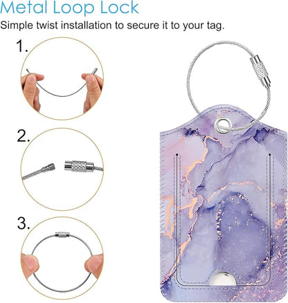 Fintie Luggage Tags, Privacy Cover ID Label with Stainless Steel Loop and Address Card for Travel Bag Suitcase - Lilac Marble (2 Piece)