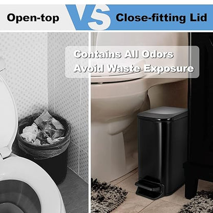 TrashAid Small Bathroom Trash Can with Lid Matt Black Soft Close, 6 Liter / 1.6 Gallon Stainless Steel Garbage Can Narrow with Removable Inner Bucket, Step Pedal