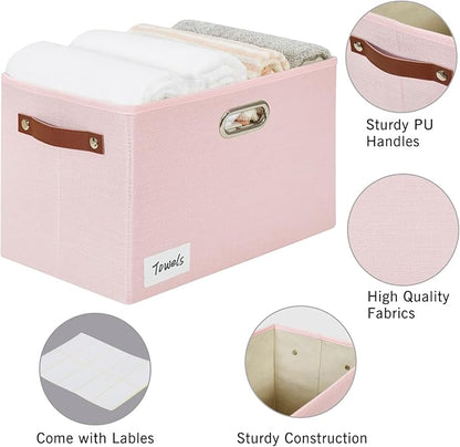 Large 3-Pack Foldable Fabric Storage Bins with Durable PU & Metal Handles, Collapsible Storage Baskets for Shelves, Home Storage, Closet Organizers, Living Room(14.9"x9.8"x9.8", Pink)