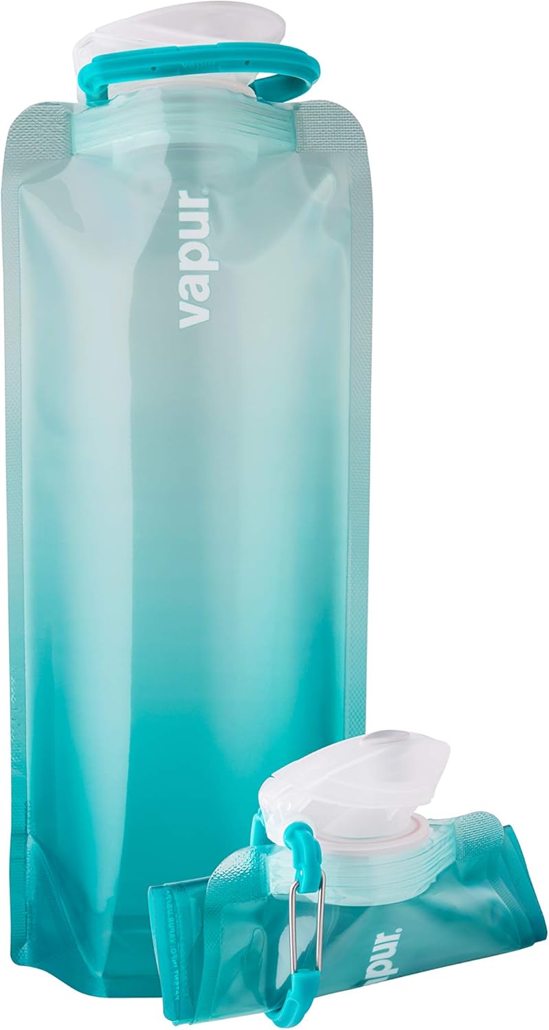 Vapur Collapsible Water Bottle With Carabiner, Compact Bottle Folds Flat For Hydration On The Go, Ideal for Traveling, Hiking or Camping, 23 Ounce, Malibu Teal, Pack of 1