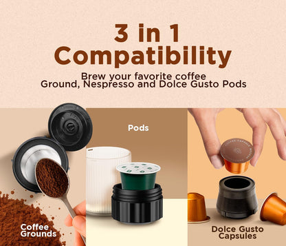 3-in-1 Portable Coffee Maker – Electric Espresso Machine for Travel – Compatible with Ground Coffee, NS & DG Capsules – USB-C Rechargeable Portable Espresso Maker (Gray)