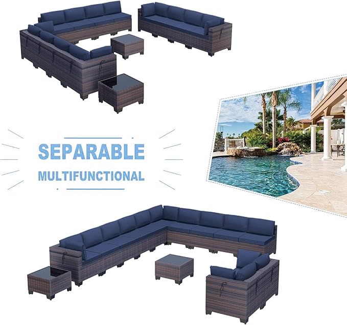 Kullavik 14 Pieces Outdoor Patio Furniture Set PE Wicker Rattan Sectional Sofa