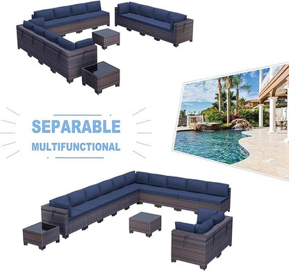 Kullavik 14 Pieces Outdoor Patio Furniture Set PE Wicker Rattan Sectional Sofa