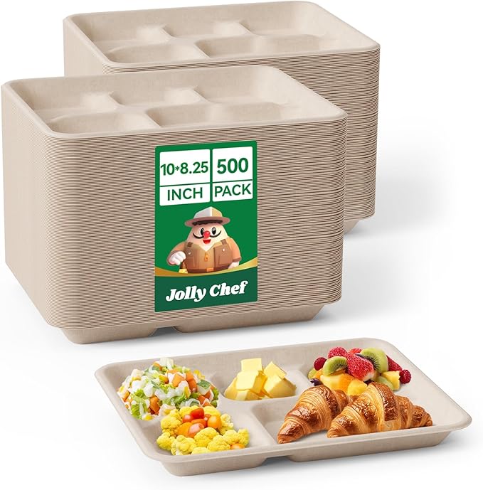JOLLY CHEF Compostable 𝟱 Compartment Paper Plates 10*8.25*1 𝗶𝗻𝗰𝗵 [𝟱𝟬𝟬 𝗣𝗮𝗰𝗸] Small Heavy Duty Divided Disposable Eco-Friendly Biodegradable Food Trays for School Thanksgiving Day(Brown)