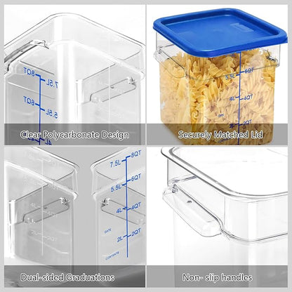 4 Pack Food Storage Containers with Blue Lids, 6.0 Qt - Square, Clear, Polycarbonate