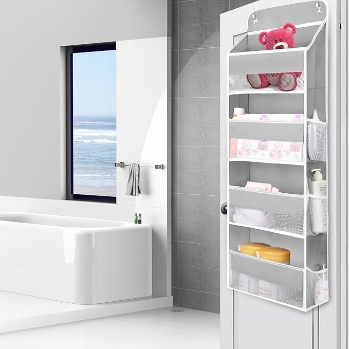 QINGUANG Over The Door Organizer,Hanging Organization And Storage, Behind Door Organizer with Side Pockets, 35 lbs Capacity,Anti Tilt, for Nursery, Bathroom, Bedroom,Dorm (4-Shelf)
