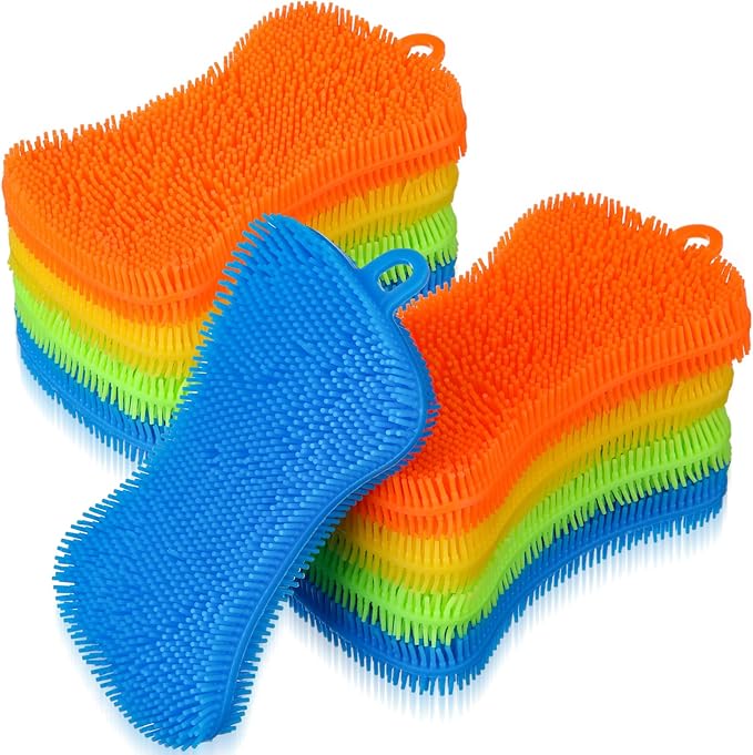 Patelai 10 Pieces Silicone Dish Sponge Silicone Scrubber Reusable Kitchen Scrubbing Cleaning Sponge Soft Dish Scrubber for Fruit Vegetable (Hanging Brush)