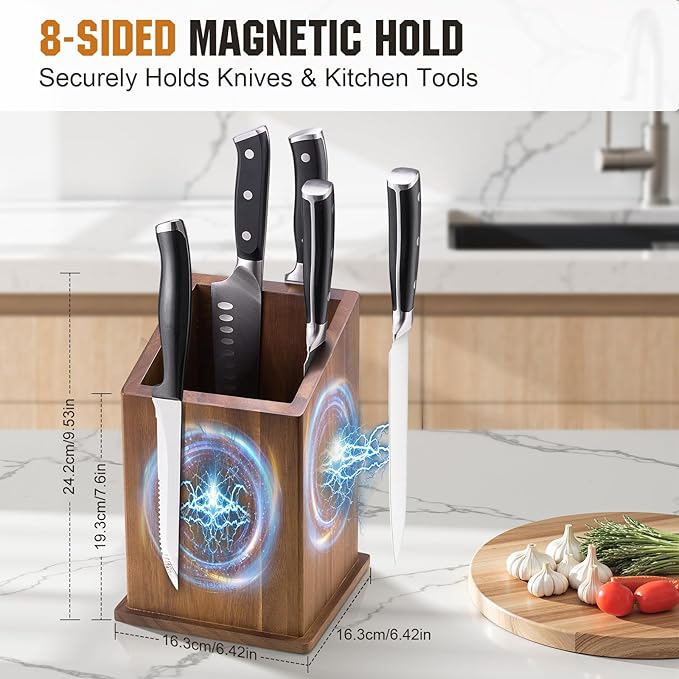 Magnetic Knife Holder without Knives, Acacia Wood Kitchen Utensil Holder with Strong Magnet, Universal Knife Block for Knives, Scissors & Utensils