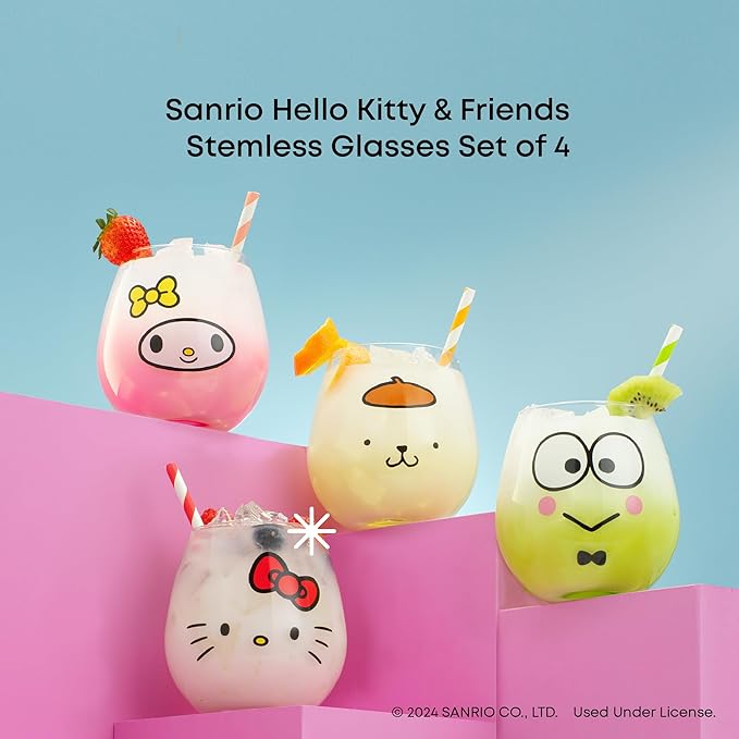 JoyJolt Sanrio Hello Kitty & Friends Hello Sippy Drinking Glasses, 15 oz Stemless Glass Cups Set of 4 ft Hello Kitty Keroppi My Melody Pompompurin, Cute Glasses for Water, Juice, Kawaii Tumbler