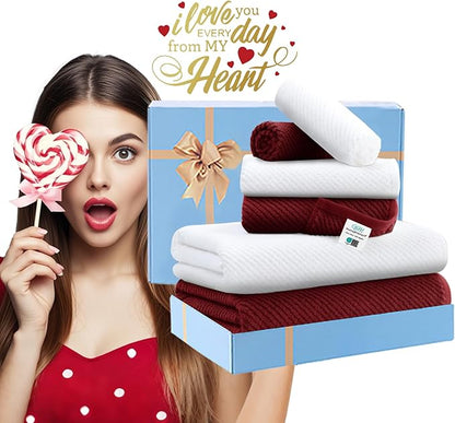 VOOVA & MOVAS Towels Bathroom Set - 100% Cotton | Quick Dry | Soft | Thick, Towel Set of 6, 2 Large Bath 30"x56", 2 Hand 18"x28", 2 Wash Cloths 13"x13", Bathroom Essentials, Burgundy Red and White