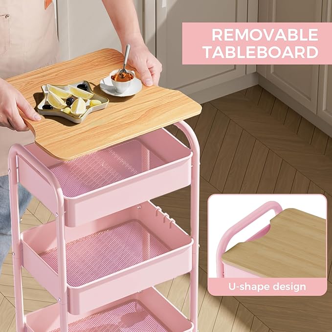 3 Tier Rolling Cart with Table top, Metal Rolling Utility Cart, Sturdy Storage Organizer Cart with Locking Wheels & Hooks for Office, Classroom, Kitchen and Bathroom，Pink