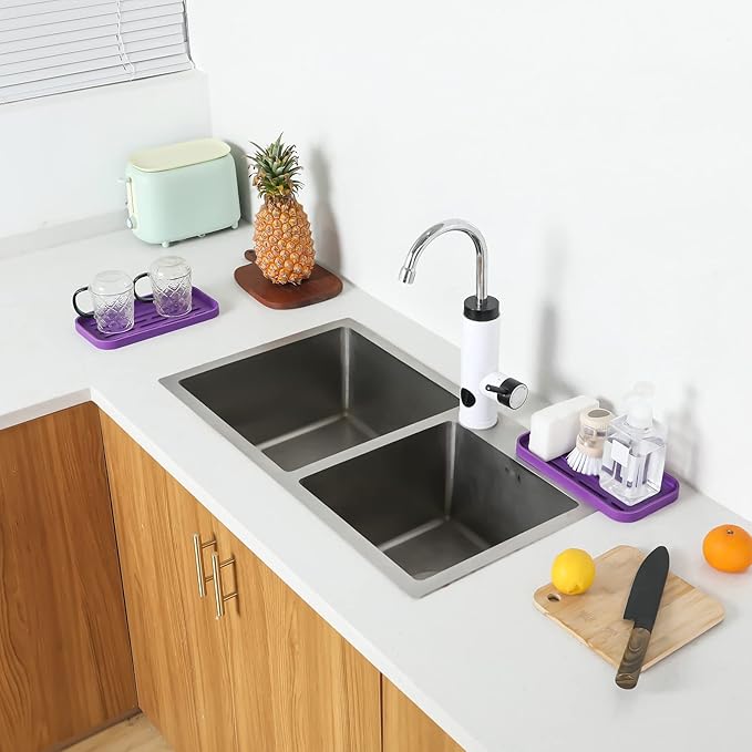 Silicone Kitchen Sink Organizer Tray for Multiple Usage,Eco-Friendly Sponges Holder for Kitchen Bathroom Counter or Sink,Dish Soap Dispenser,Scrubber,Bottle,Cup (Purple, 10"×5.3")