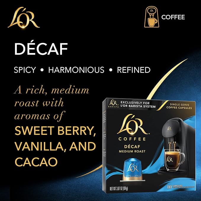 L'OR Coffee Pods, 10 Count DECAF Medium Roast, Single-Serve Aluminum Coffee Capsules Compatible with the L'OR BARISTA System & *Nespresso Original Machines, 10 count (Pack of 1)