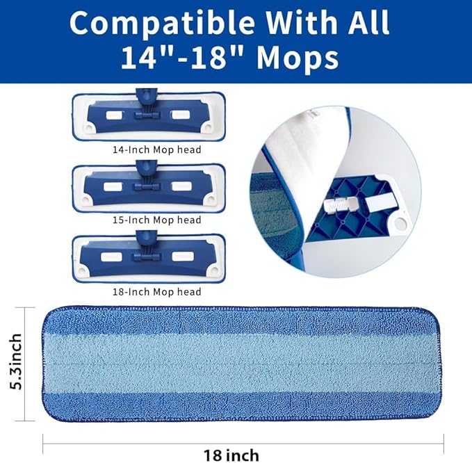 18 inch Mop Pads Refills, 3 Pack Microfiber Reusable Replacement Mop Pads Flat Replacements Heads for Wet Or Dry Floor Cleaning and Scrubbing, Blue Cloth