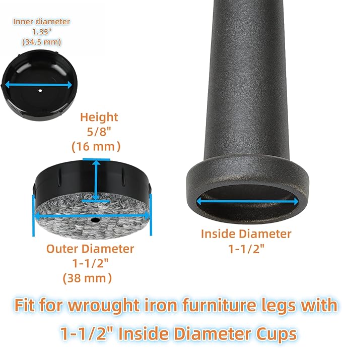 Wrought Iron Patio Furniture Feet Caps - Furnigear 1-1/2" Round Plastic Outdoor Chair Leg Caps, Floor Protectors Patio Furniture Replacement Rubber Feet with Heavy Duty Looped Felt (16 Pack, Black)