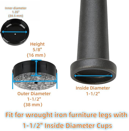 Wrought Iron Patio Furniture Feet Caps - Furnigear 1-1/2" Round Plastic Outdoor Chair Leg Caps, Floor Protectors Patio Furniture Replacement Rubber Feet with Heavy Duty Looped Felt (16 Pack, Black)
