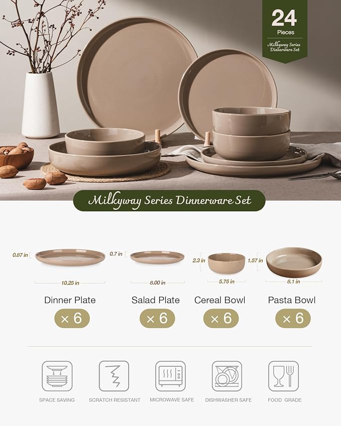 Famiware Milkyway 24-Piece Stoneware Plates and Bowls, Cinnamon Brown |