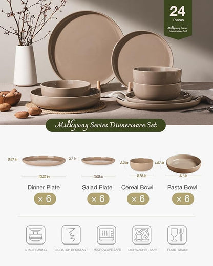 Famiware Milkyway 24-Piece Stoneware Plates and Bowls, Cinnamon Brown |