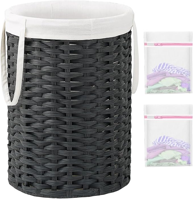 Laundry Hamper Laundry Basket Round 19.0 Gal (72 L) Handwoven Rattan Laundry Basket, Large Wicker Laundry Hamper with Removable Laundry Bag Handles 2 Mesh Bags for Bathroom Living Room Black