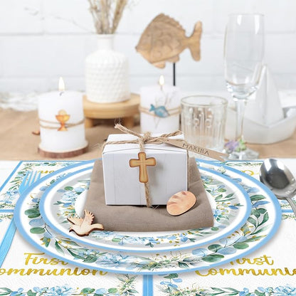 96 Pieces First Communion Floral Tableware Set – Blue Floral Cross Disposable