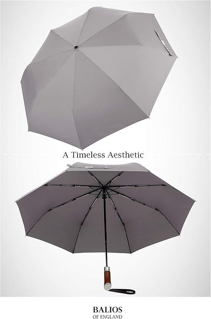 Balios (Designed in UK) Travel Umbrella Luxurious Golden Hardwood Handle Auto Open & Close Windproof Frame Single Canopy Automatic Folding Umbrella Men's & Ladies
