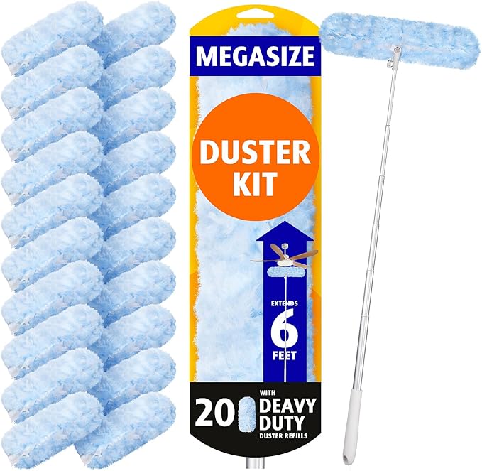 6 ft Extendable Duster Handle with 20 Pcs, Compatible with Swiffer, Disposable Microfiber Dusting Pads for Home Cleaning, Ceiling, Fan, Window, Hard-to-Reach Areas