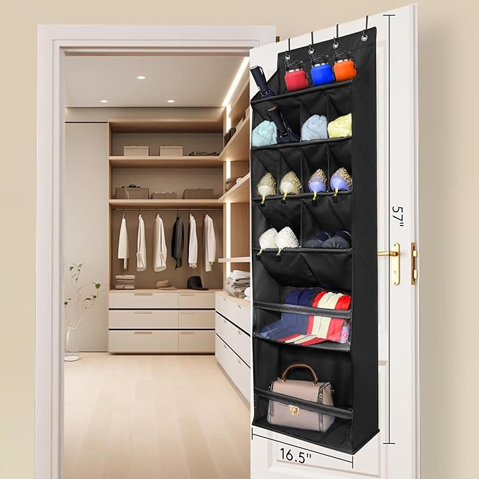Over The Door Shoe Organizer with Large Deep Pockets Door Shoe Rack for Narrow Door Hanging Multifunction Shoe Holder for Dorm Closet Door, Black 16 Pockets