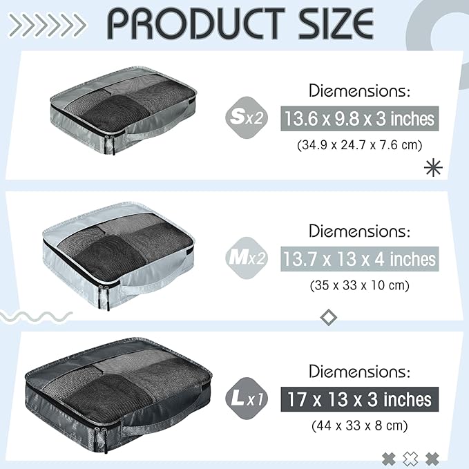 5 Pcs Packing Cubes for Suitcase Large Travel Cubes Carry on Luggage Organizer Bags for Clothes Accessories(Mixed,Gray)
