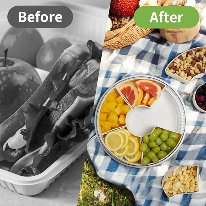 Snackle Box Container, Round Divided Serving Tray with lid 6parts for Veggie, Candy and Nuts Organizer for Travel, Party and Picnic (Cream/Silver)