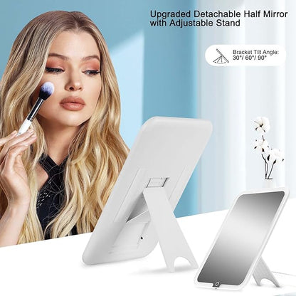 Large Travel Makeup Bag with LED Mirror, 3-Color Stepless Dimming Stand Mirror Detachable, with Adjustable Divider, Makeup Brush Holder Storage (Black)