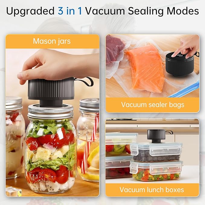 Electric Mason Jar Vacuum Sealer Kit, 3-in-1 Handheld Automatic Vacuum Sealer for Mason Jars, Canning Sealer Machine for Jars, Containers, Vacuum Bags | Present for Mom, Black
