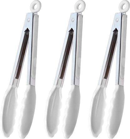 Silicone Kitchen Tongs 9-Inch Stainless Steel Basics Tongs with Non-Stick Silicone Tips, Set of 3 (White)