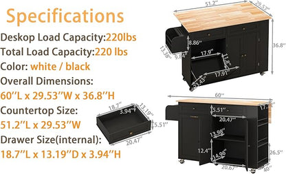 60'' Rolling Kitchen Island with Drop Leaf, Storage Islands Cart with Tilt Out Trash Can Cabinet, Rubber Wood Tabletop, Knife Holder, Wheels, Black