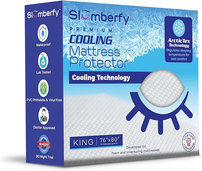 Slumberfy King Size Waterproof Cooling Mattress Protector, Hypoallergenic, Noiseless, Washable, 76x80 in