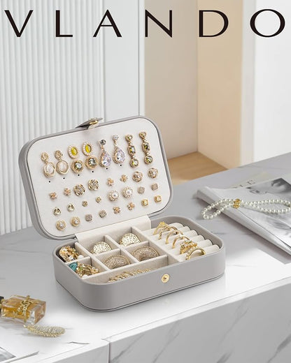 Vlando Travel Jewelry Case, PU Leather Travel Jewelry Box with Earring Holder, Portable Display Small Jewelry Box for Mothers Day Women Girls Gift - Grey